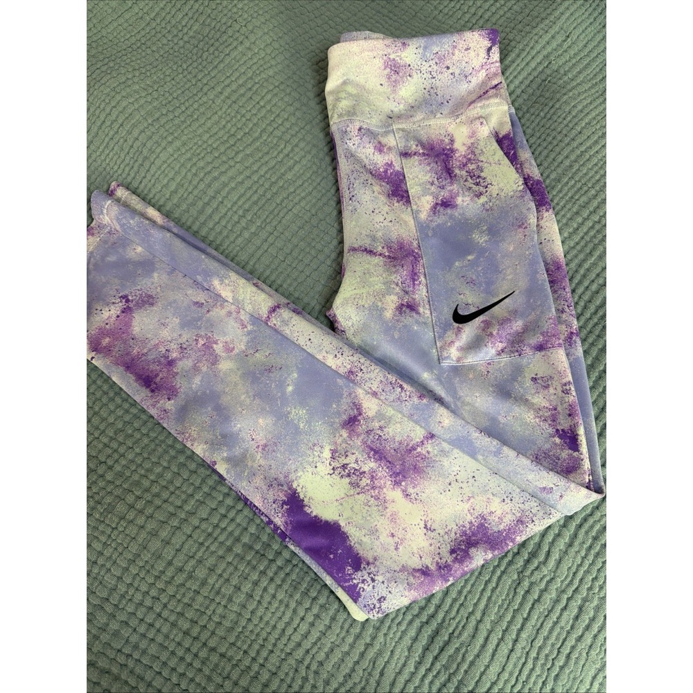 Nike Dri Fit Tight Fit Girls Tie Dye Printed Leggings Purple Blue sz L Stardust